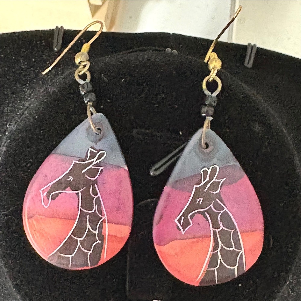 Handmade Giraffe Sunset Teardrop Dangle Earrings Multicolor Artisan Jewelry